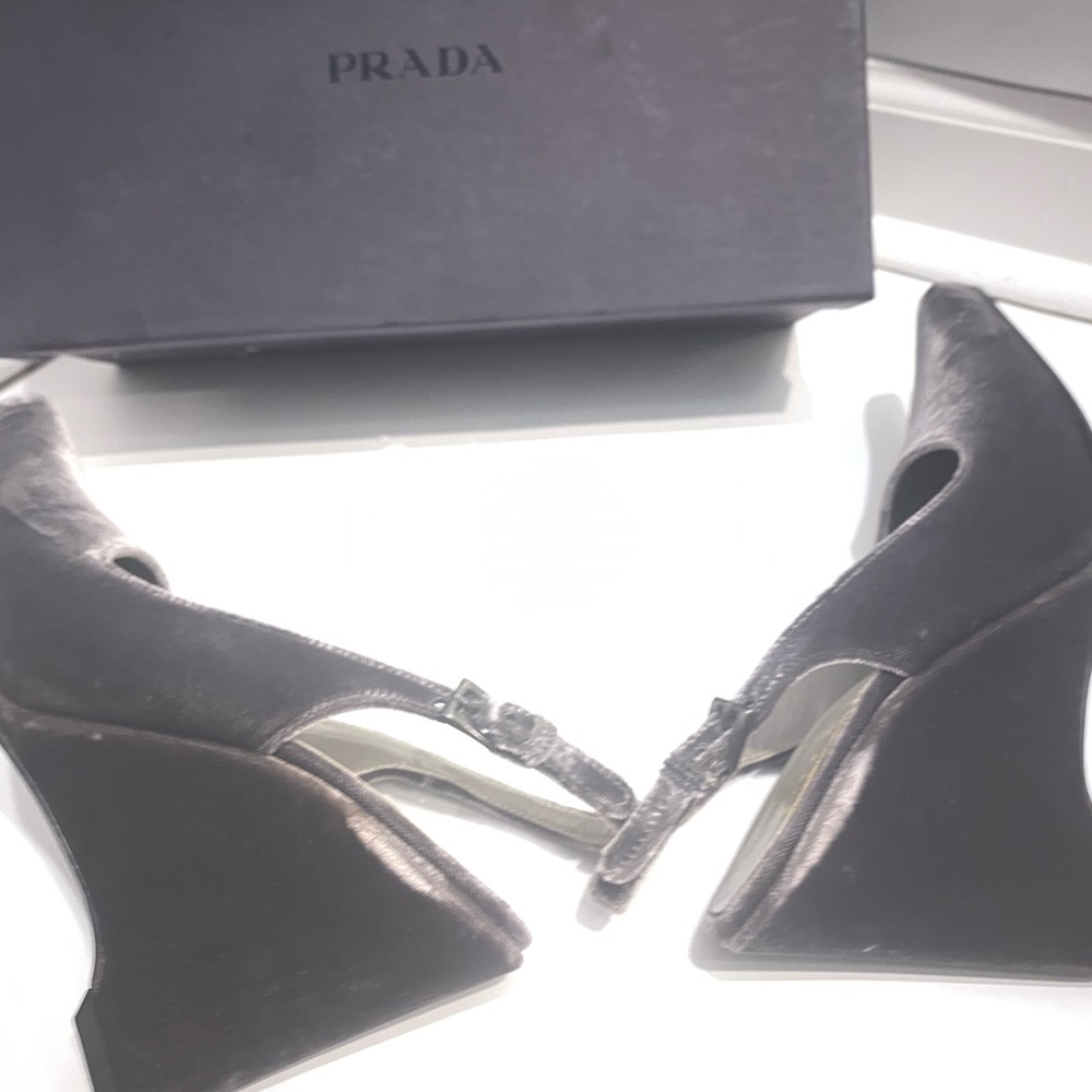 Prada Vintage Velvet Wedge Slingbacks in Graphite Grey - Picture 5 of 13